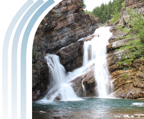 Cameron Falls in Waterton framed by the three Cascada curved blue lines